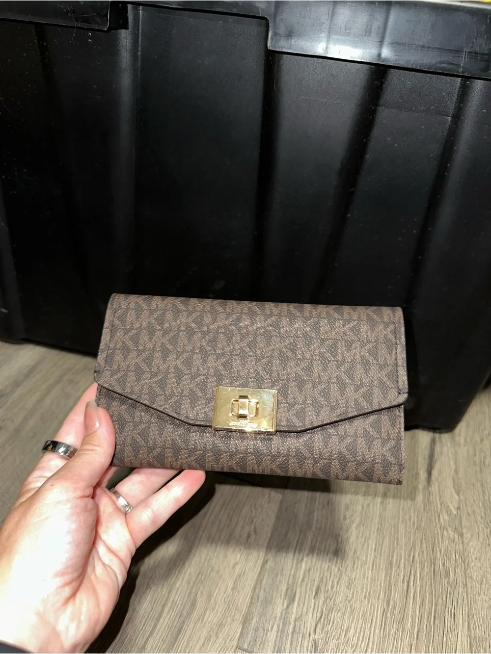 Michael Kors Brown Monogram Envelope Wallet with Gold Hardware